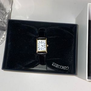 SEIKO Women’s Rectangular Slim Vintage Leather Band Watch